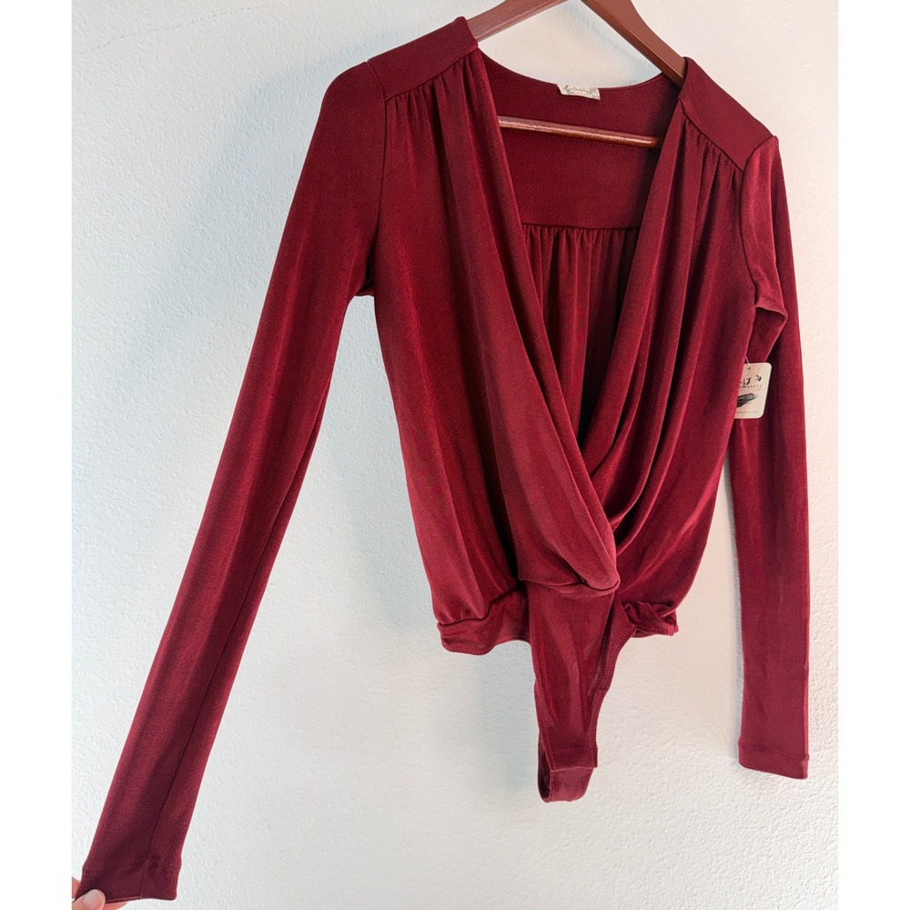 Intimately Free People Turnt Wrap Bodysuit Deep V Berry Red Solid Date Night NWT